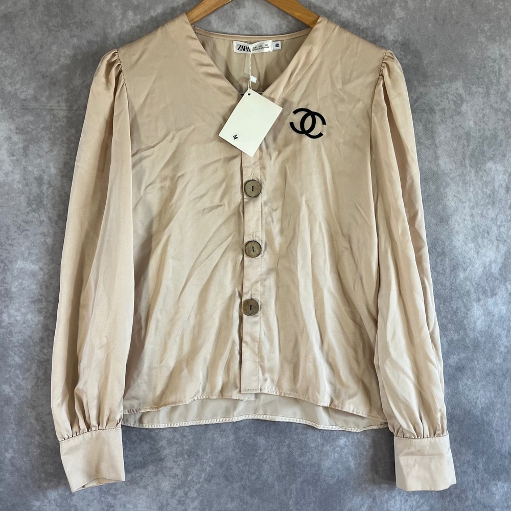 Zara Blouse Women Medium Champagne Beige Satin Button Front Puff Sleeve Logo‎